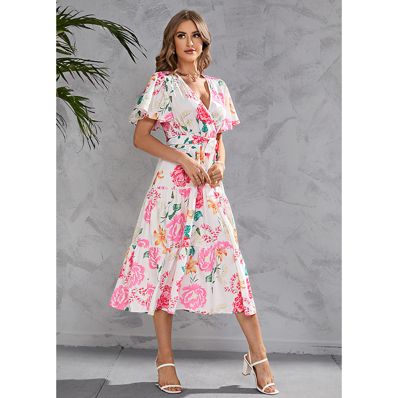 Floral Printed Flared Sleeve Gathered & Tiered Midi Wrap Dress