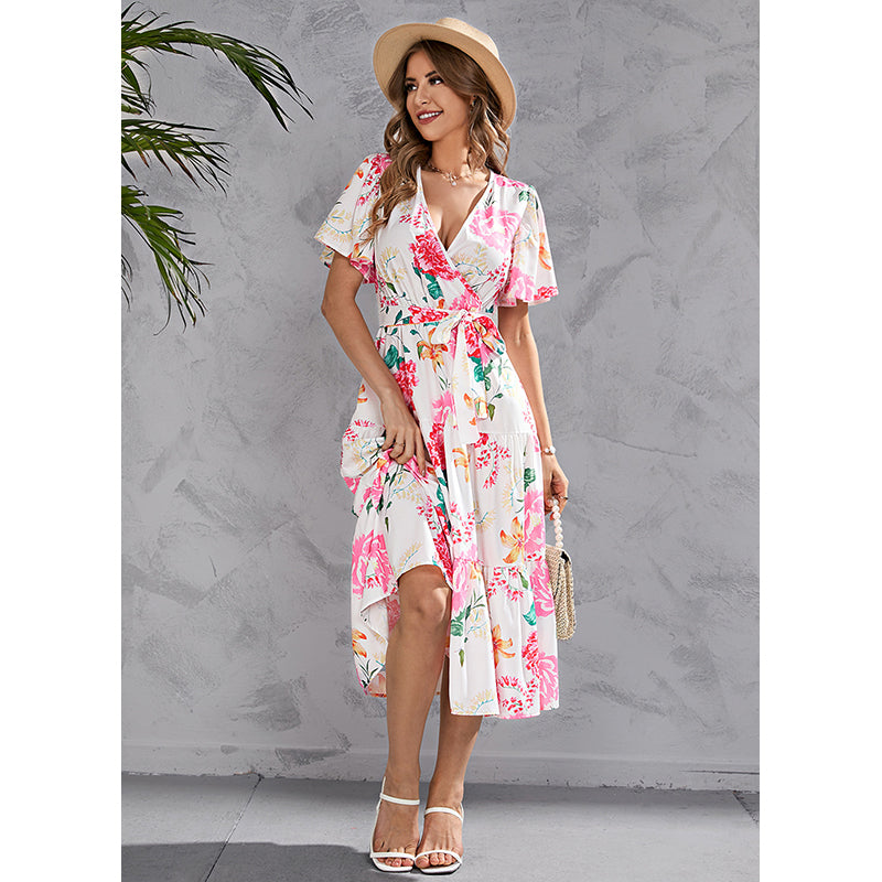 Floral Printed Flared Sleeve Gathered & Tiered Midi Wrap Dress