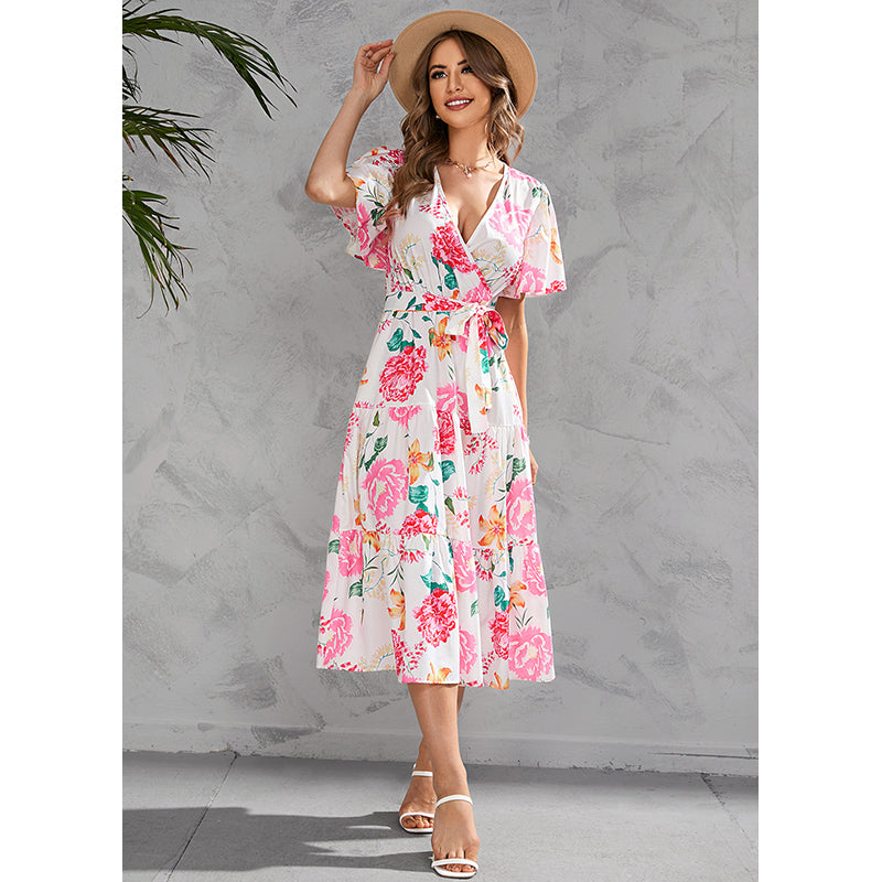 Floral Printed Flared Sleeve Gathered & Tiered Midi Wrap Dress