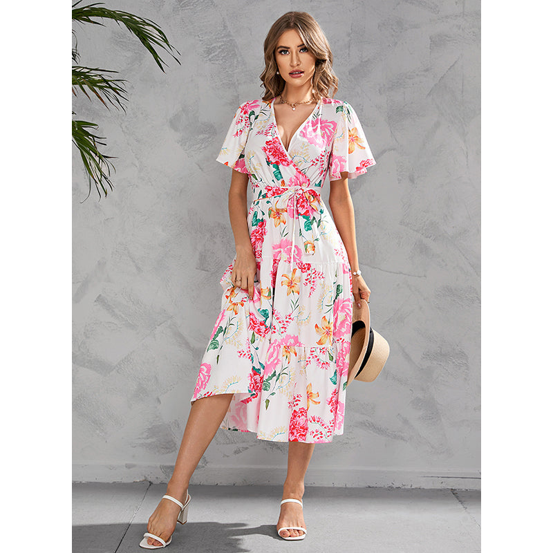 Floral Printed Flared Sleeve Gathered & Tiered Midi Wrap Dress