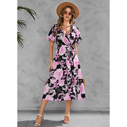V Neck Short Flared Sleeves Floral Print Wrap Midi Dress