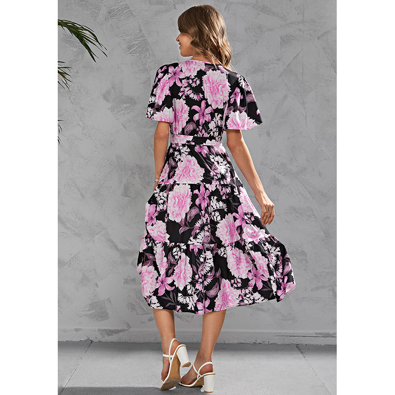 V Neck Short Flared Sleeves Floral Print Wrap Midi Dress