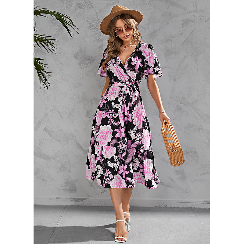 V Neck Short Flared Sleeves Floral Print Wrap Midi Dress