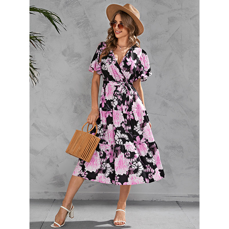 V Neck Short Flared Sleeves Floral Print Wrap Midi Dress