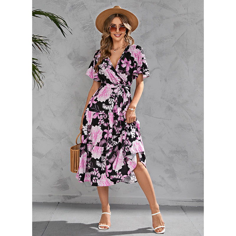 V Neck Short Flared Sleeves Floral Print Wrap Midi Dress
