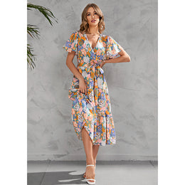 V Neck Floral Print Flutter Sleeve Midi Wrap Dress