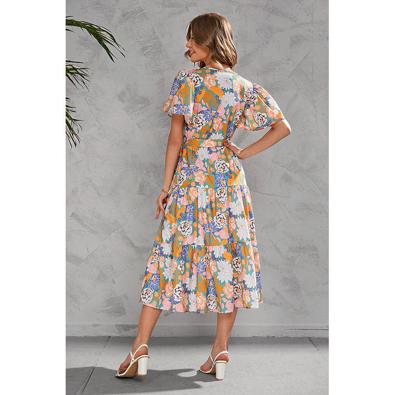 V Neck Floral Print Flutter Sleeve Midi Wrap Dress