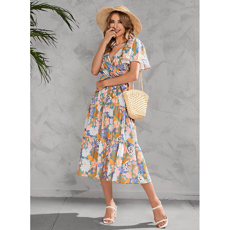 V Neck Floral Print Flutter Sleeve Midi Wrap Dress