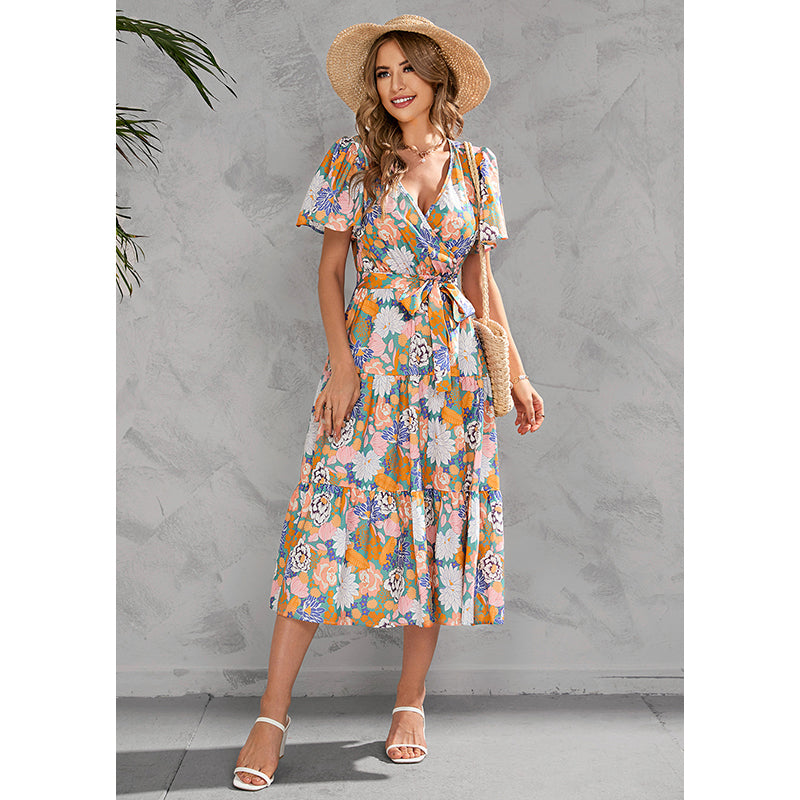 V Neck Floral Print Flutter Sleeve Midi Wrap Dress