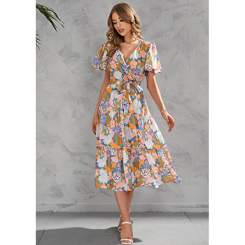 V Neck Floral Print Flutter Sleeve Midi Wrap Dress