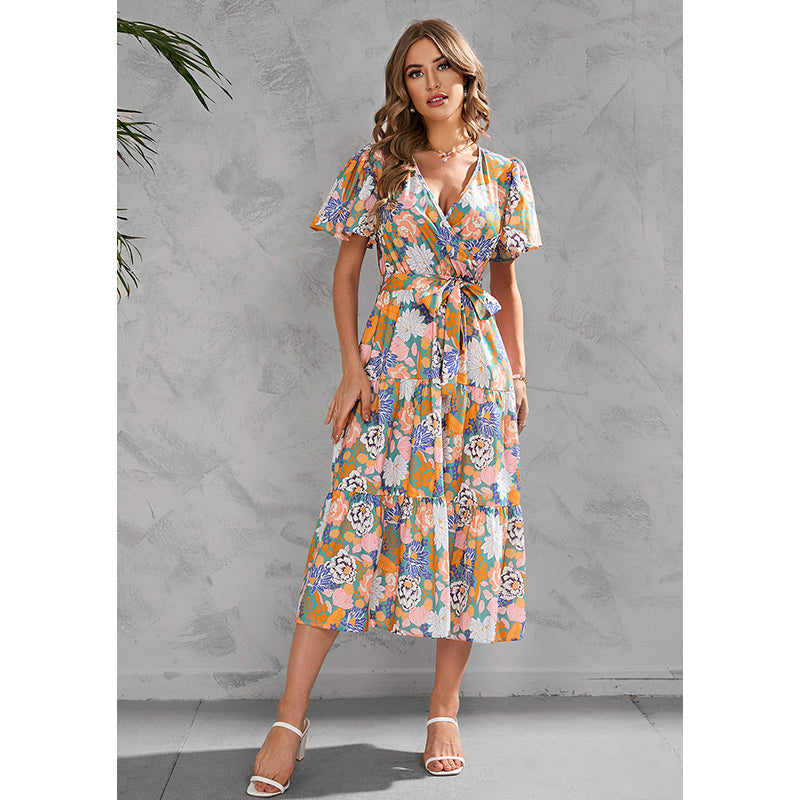 V Neck Floral Print Flutter Sleeve Midi Wrap Dress