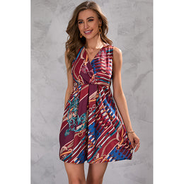 Red V-Neck Print Fit & Flare Mini Dress