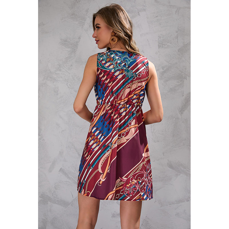 Red V-Neck Print Fit & Flare Mini Dress