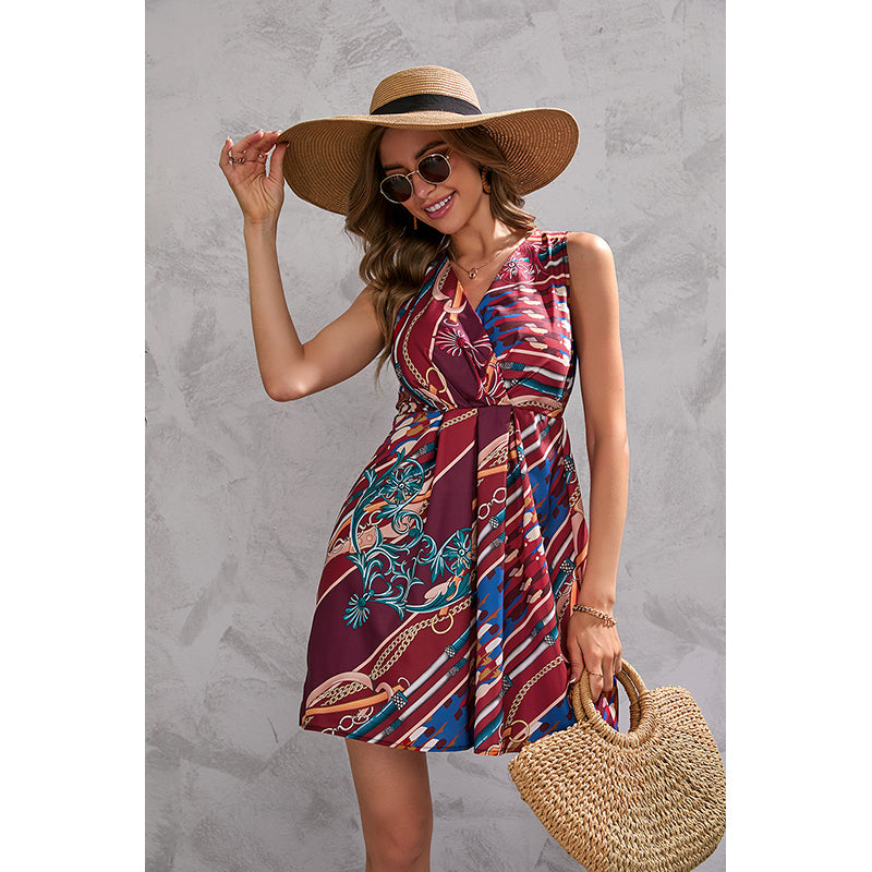 Red V-Neck Print Fit & Flare Mini Dress