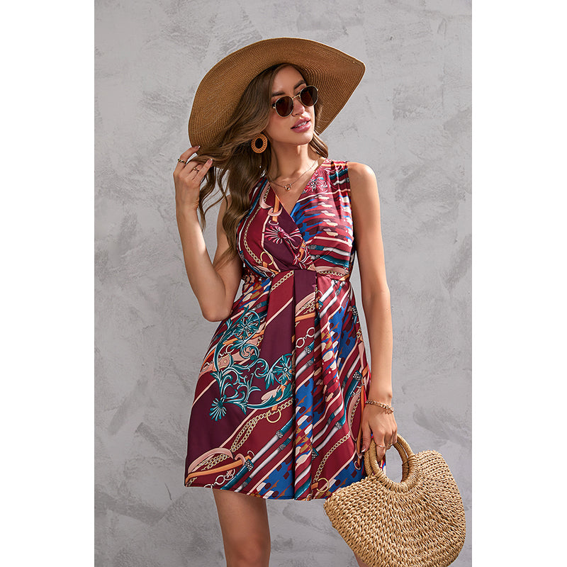Red V-Neck Print Fit & Flare Mini Dress