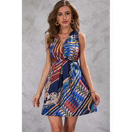 V Neck Sleeveless Abstract Print Fit & Flare Dress