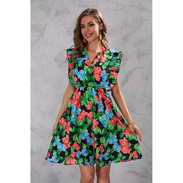 Red V-Neck Floral Print Flutter Sleeve Fit & Flare Dress