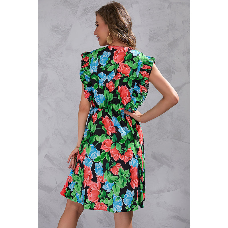 Red V-Neck Floral Print Flutter Sleeve Fit & Flare Dress