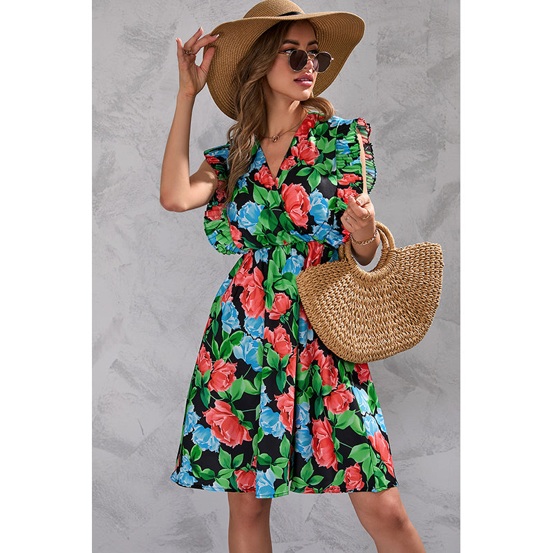 Red V-Neck Floral Print Flutter Sleeve Fit & Flare Dress