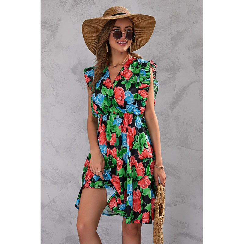 Red V-Neck Floral Print Flutter Sleeve Fit & Flare Dress