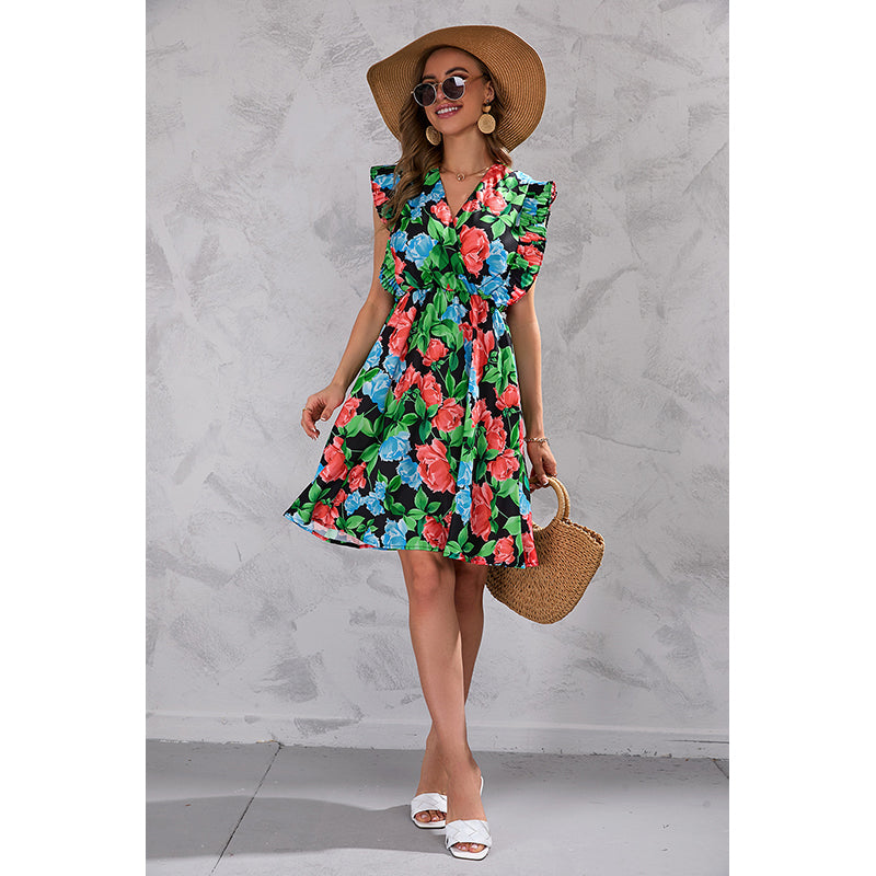 Red V-Neck Floral Print Flutter Sleeve Fit & Flare Dress