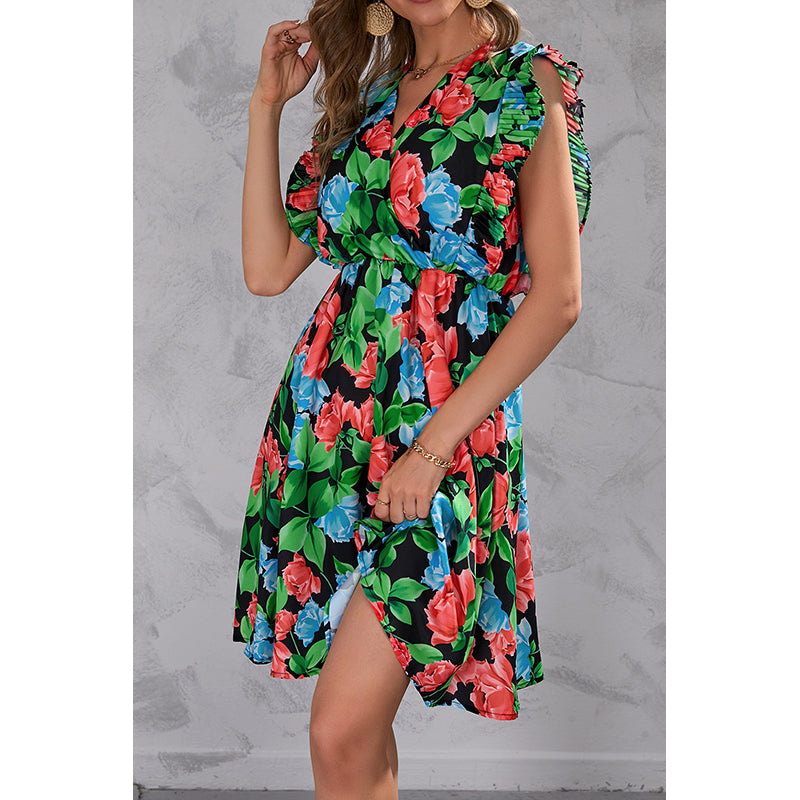 Red V-Neck Floral Print Flutter Sleeve Fit & Flare Dress