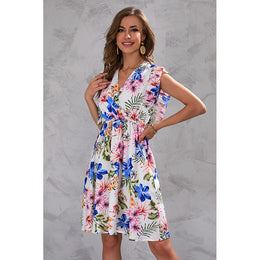 V Neck Fluttered Sleeves Floral Print Fit & Flare Dress