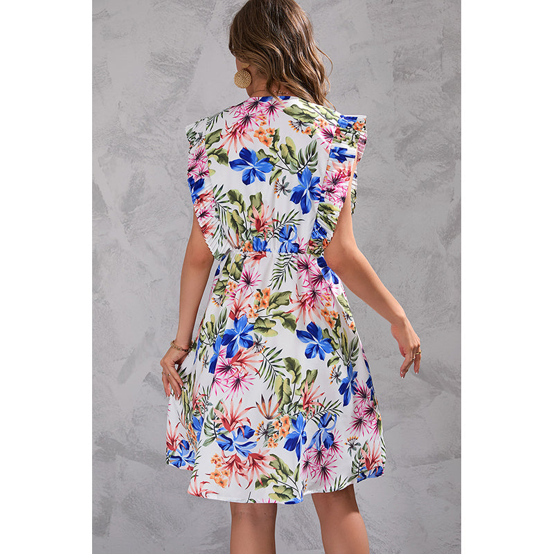 V Neck Fluttered Sleeves Floral Print Fit & Flare Dress
