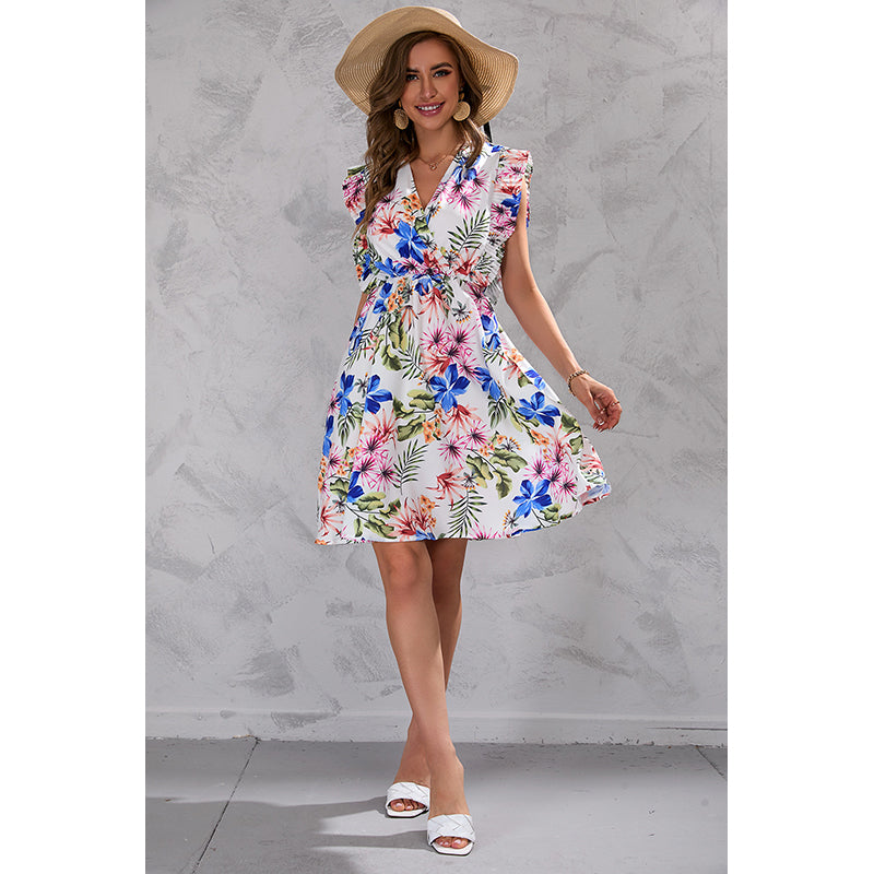 V Neck Fluttered Sleeves Floral Print Fit & Flare Dress