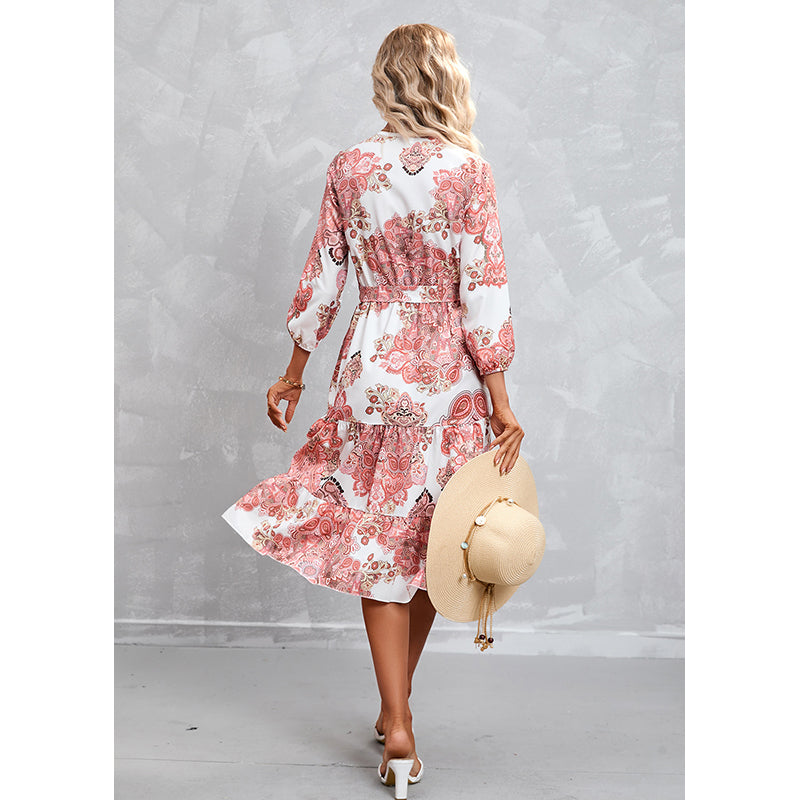 Floral Printed Tie-Ups Tiered Midi Fit & Flare Dress