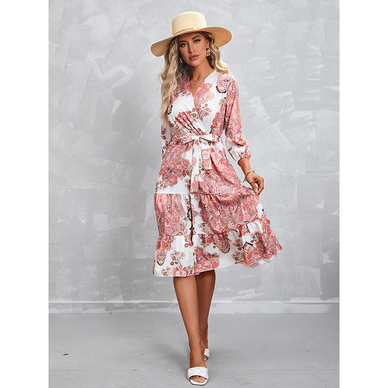Floral Printed Tie-Ups Tiered Midi Fit & Flare Dress