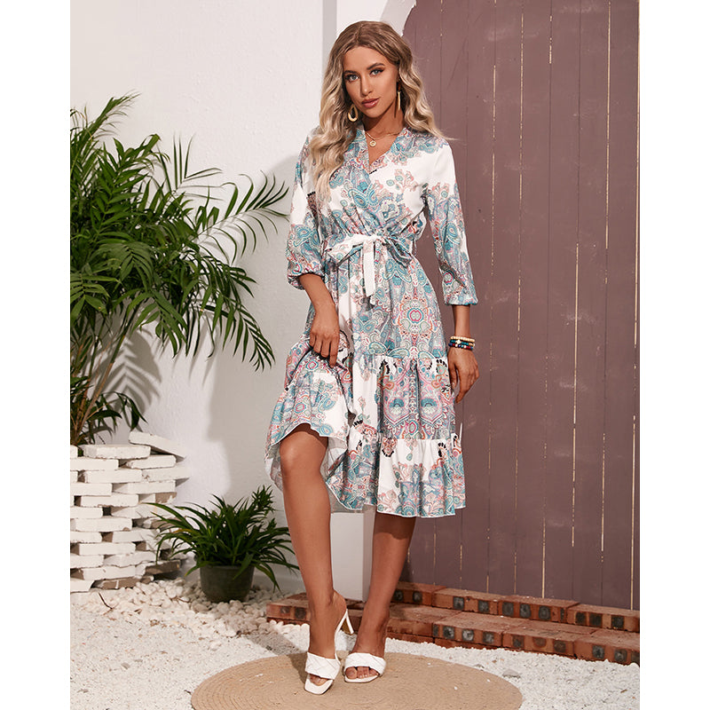 V Neck Floral Printed Maxi Midi Dress