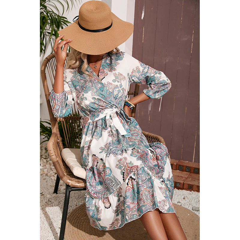 V Neck Floral Printed Maxi Midi Dress