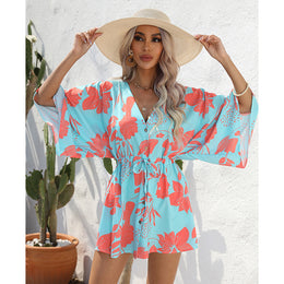 Blue Floral Printed Flared Sleeve Tie Ups A-Line Mini Dress