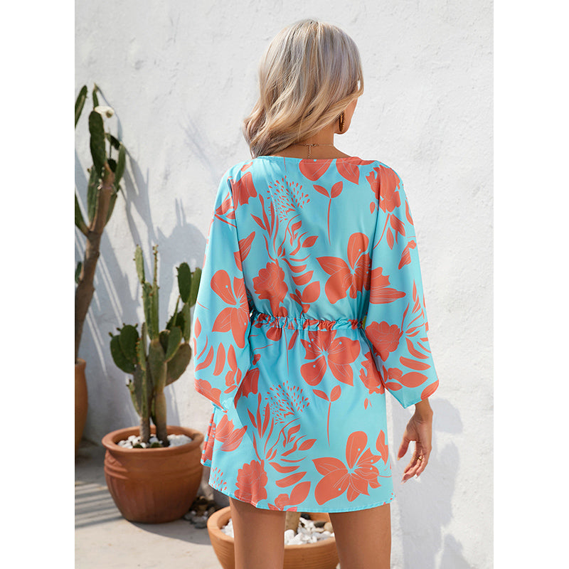 Blue Floral Printed Flared Sleeve Tie Ups A-Line Mini Dress
