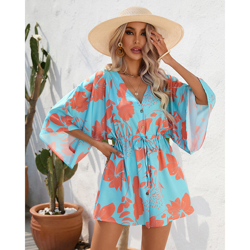 Blue Floral Printed Flared Sleeve Tie Ups A-Line Mini Dress