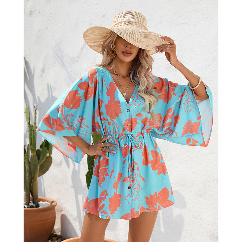Blue Floral Printed Flared Sleeve Tie Ups A-Line Mini Dress