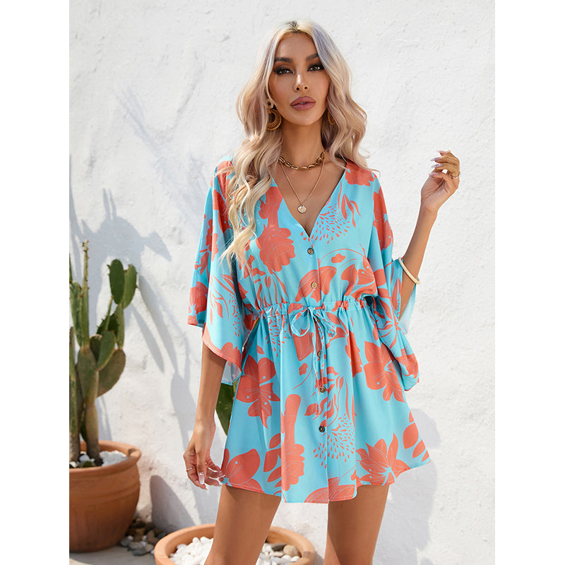 Blue Floral Printed Flared Sleeve Tie Ups A-Line Mini Dress