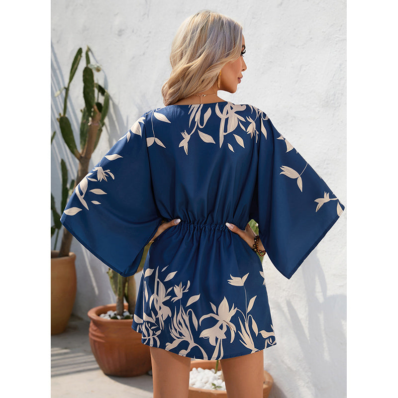 Navy Blue Floral Printed V-Neck Flared Sleeves Tie-Ups Detail A-Line Mini Dress