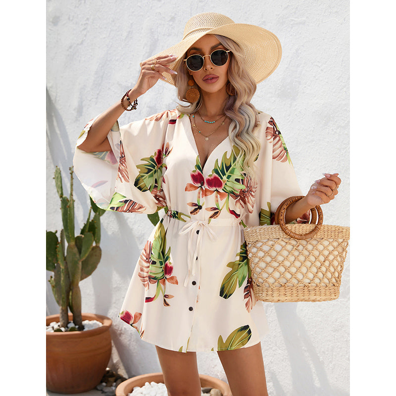 Beige Floral Print Flared Sleeves V-Neck A-Line Dress