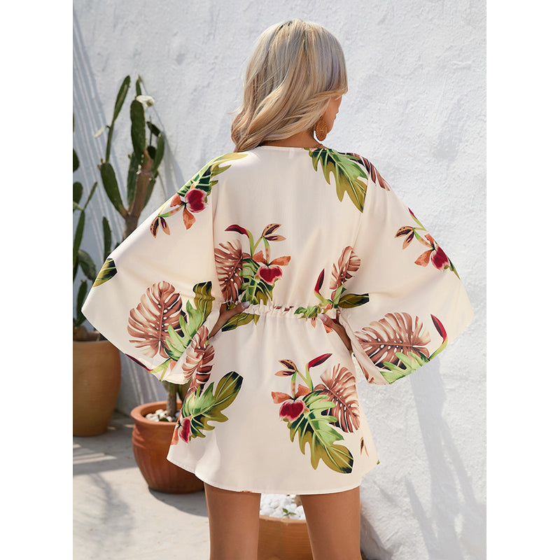 Beige Floral Print Flared Sleeves V-Neck A-Line Dress