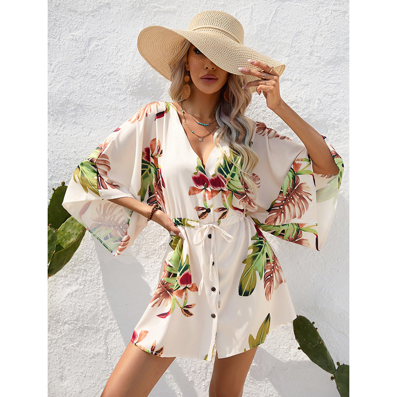 Beige Floral Print Flared Sleeves V-Neck A-Line Dress