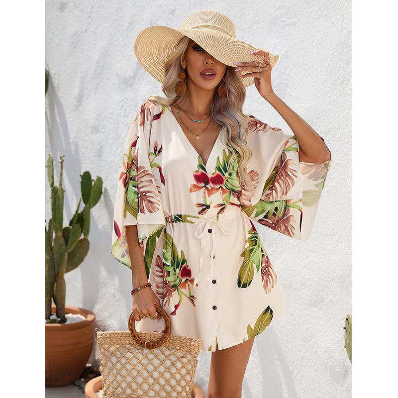 Beige Floral Print Flared Sleeves V-Neck A-Line Dress