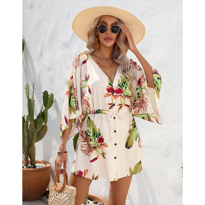 Beige Floral Print Flared Sleeves V-Neck A-Line Dress