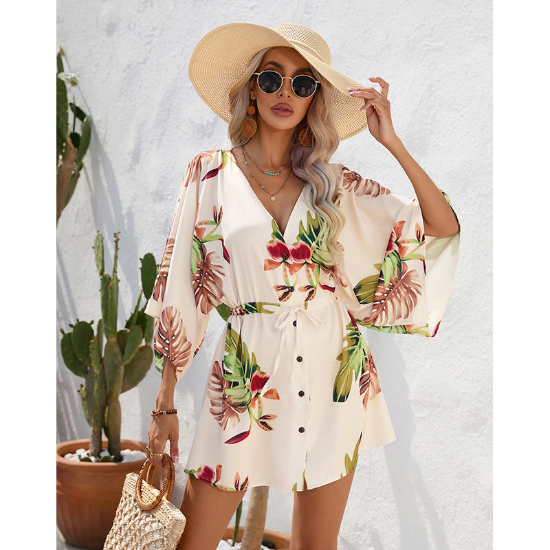Beige Floral Print Flared Sleeves V-Neck A-Line Dress