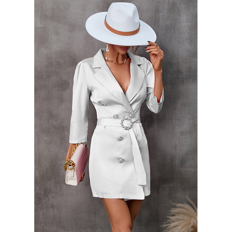 White Notched Lapel Belted Shirt Mini Dress