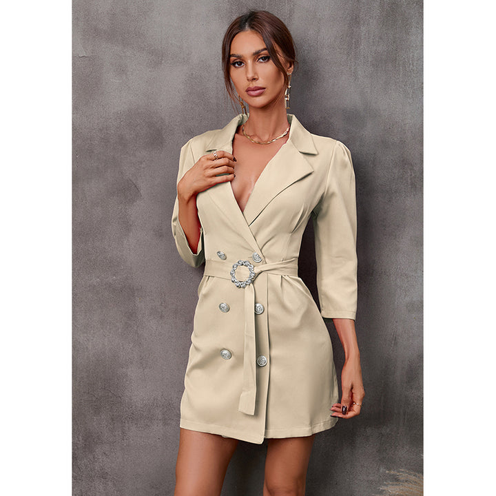 Beige Notched Lapel Collar Mini Dress