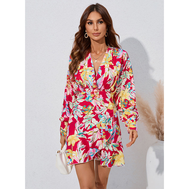 Red Floral Printed Layered A-Line Tulip Mini Dress