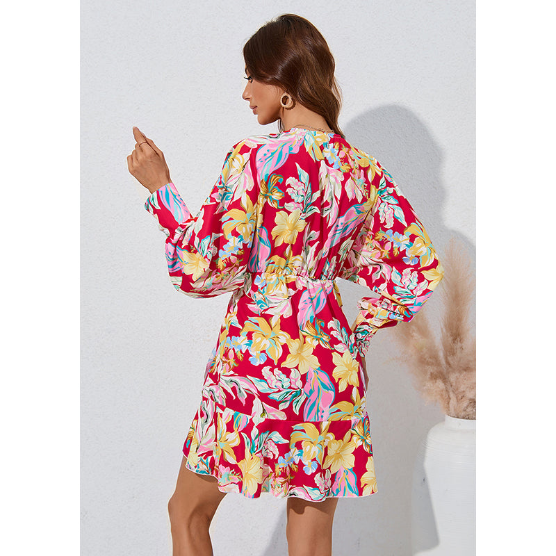 Red Floral Printed Layered A-Line Tulip Mini Dress