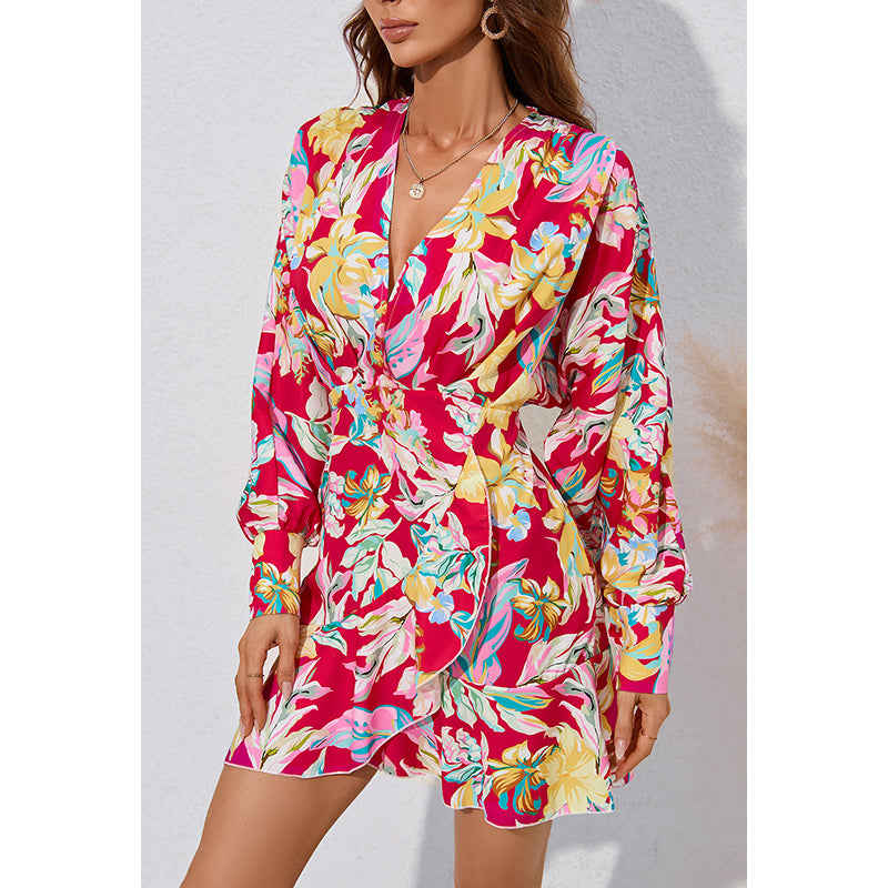 Red Floral Printed Layered A-Line Tulip Mini Dress